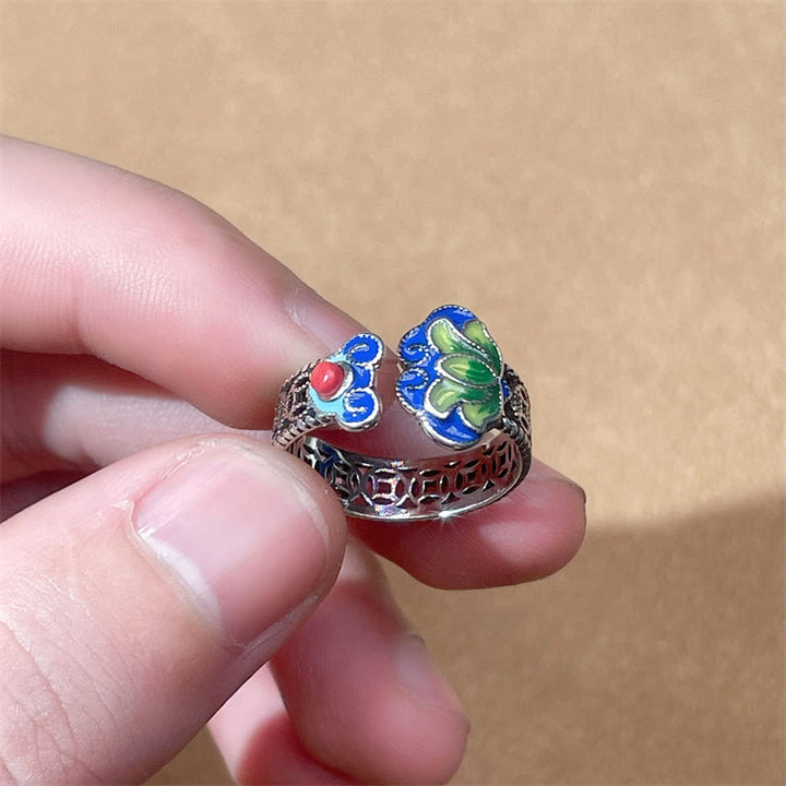 Buddha Stones Lotus Flower Copper Coins Ruyi Handle Pattern Enlightenment Adjustable Ring - image 4