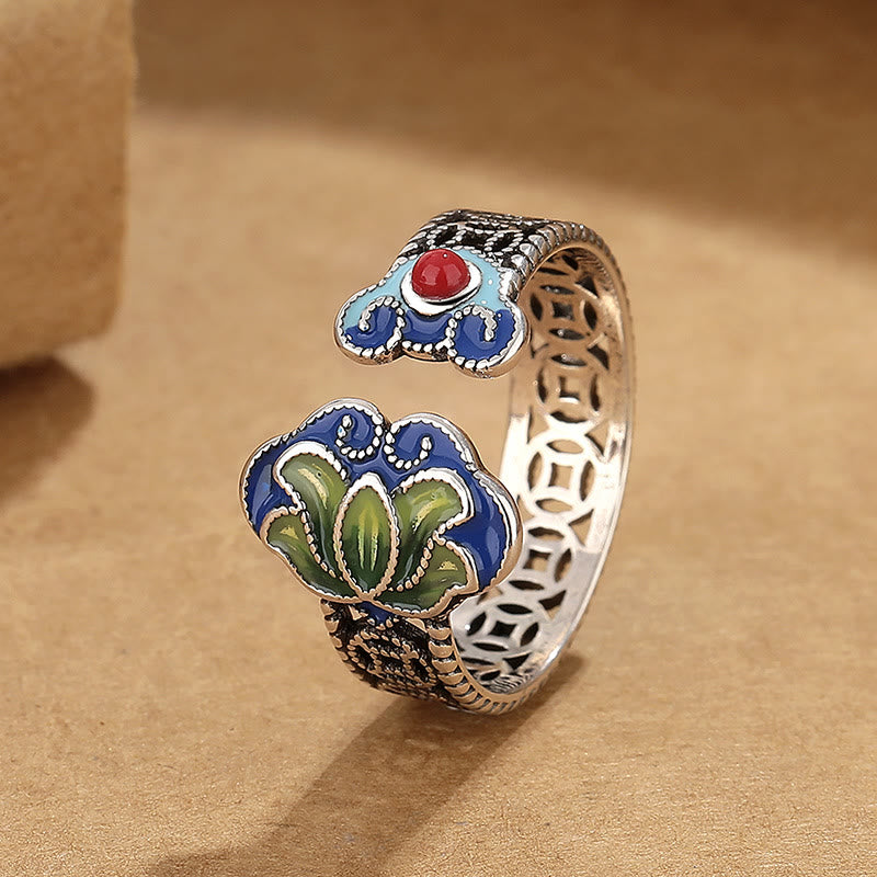Buddha Stones Lotus Flower Copper Coins Ruyi Handle Pattern Enlightenment Adjustable Ring - Lotus(Inner Diameter 12mm) - image 0