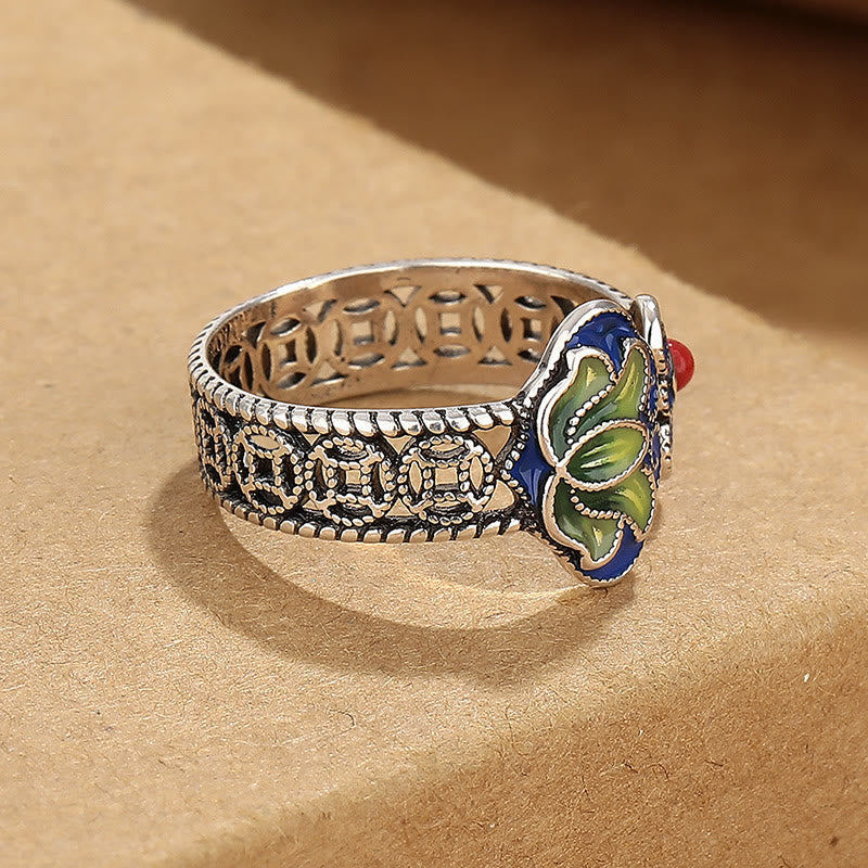 Buddha Stones Lotus Flower Copper Coins Ruyi Handle Pattern Enlightenment Adjustable Ring - image 2