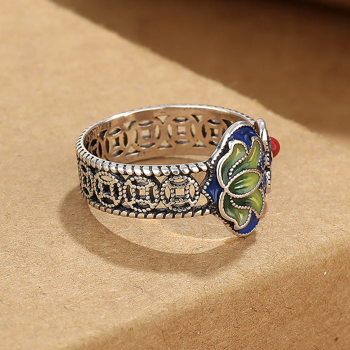Buddha Stones Lotus Flower Copper Coins Ruyi Handle Pattern Enlightenment Adjustable Ring - image 2