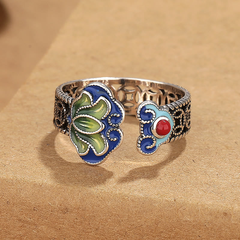 Buddha Stones Lotus Flower Copper Coins Ruyi Handle Pattern Enlightenment Adjustable Ring - image 1