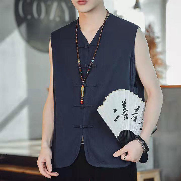 Buddha Stones Casual Chinese Frog-Button Men's Cotton Vest Waistcoat With Pockets  - Navy - US/UK/AU46，EU56 (5XL) - image 0