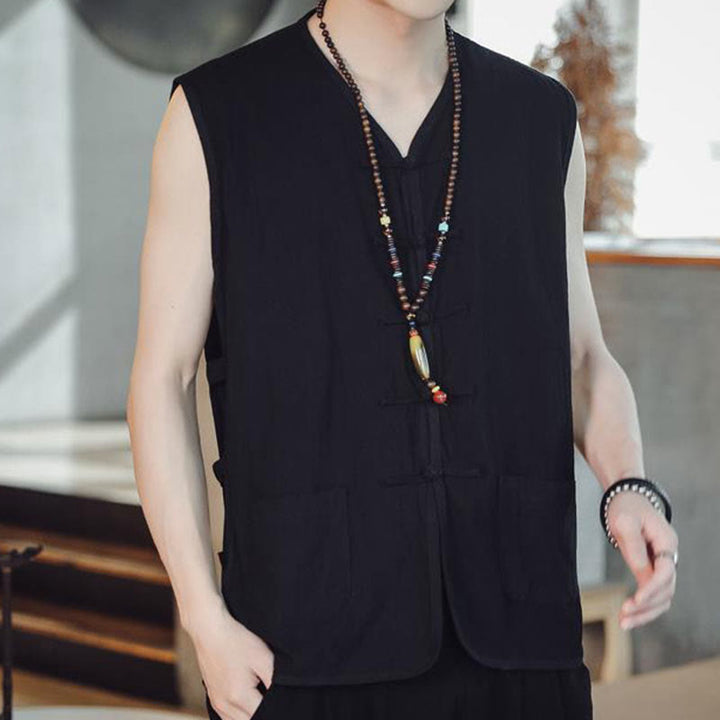 Buddha Stones Casual Chinese Frog-Button Men's Cotton Vest Waistcoat With Pockets  - image 10