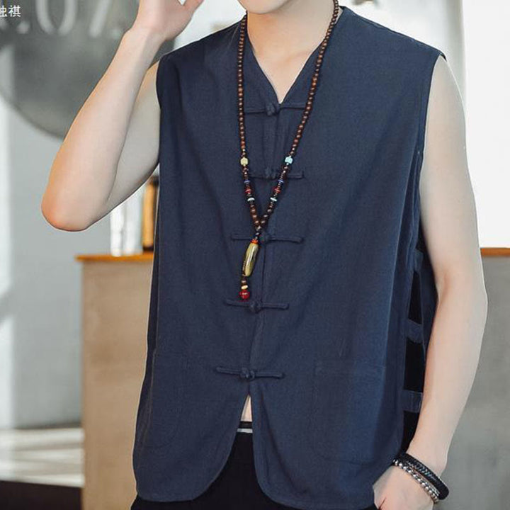 Buddha Stones Casual Chinese Frog-Button Men's Cotton Vest Waistcoat With Pockets  - image 4