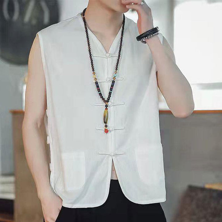 Buddha Stones Casual Chinese Frog-Button Men's Cotton Vest Waistcoat With Pockets  - White - US/UK/AU46，EU56 (5XL) - image 18