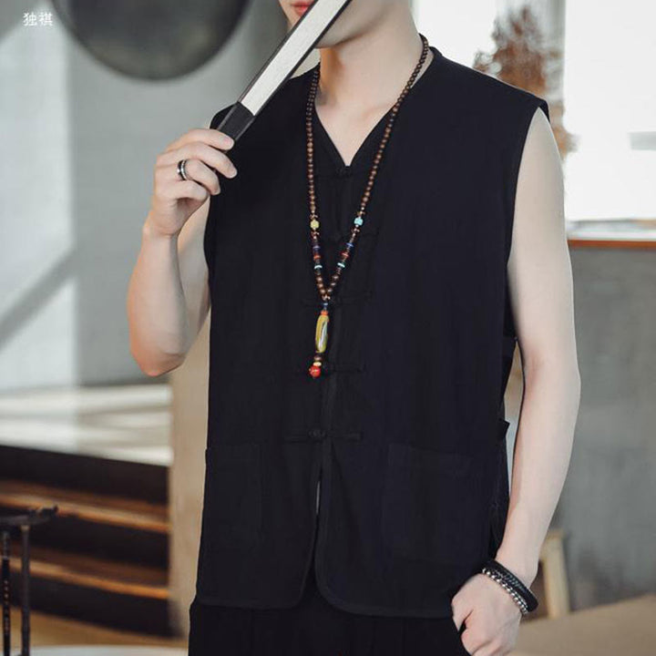 Buddha Stones Casual Chinese Frog-Button Men's Cotton Vest Waistcoat With Pockets  - image 13