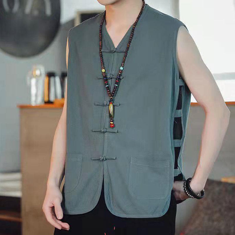 Buddha Stones Casual Chinese Frog-Button Men's Cotton Vest Waistcoat With Pockets  - DarkCyan - US/UK/AU46，EU56 (5XL) - image 21