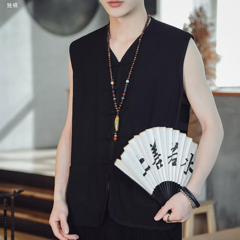 Buddha Stones Casual Chinese Frog-Button Men's Cotton Vest Waistcoat With Pockets  - image 14