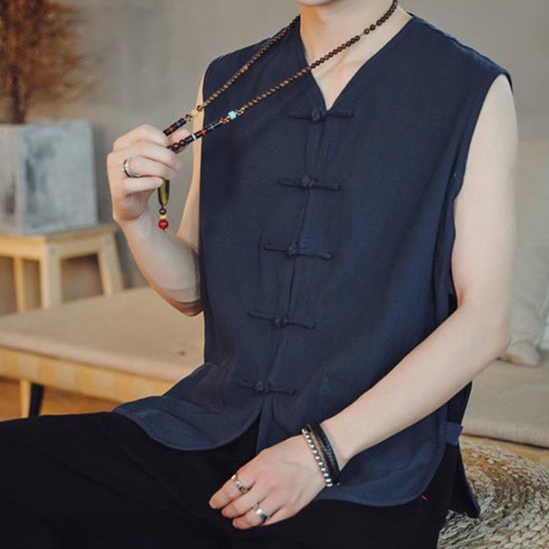 Buddha Stones Casual Chinese Frog-Button Men's Cotton Vest Waistcoat With Pockets  - image 2