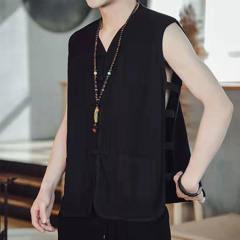 Buddha Stones Casual Chinese Frog-Button Men's Cotton Vest Waistcoat With Pockets  - Black - US/UK/AU46，EU56 (5XL) - image 8