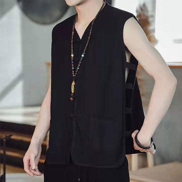 Buddha Stones Casual Chinese Frog-Button Men's Cotton Vest Waistcoat With Pockets  - Black - US/UK/AU46，EU56 (5XL) - image 8