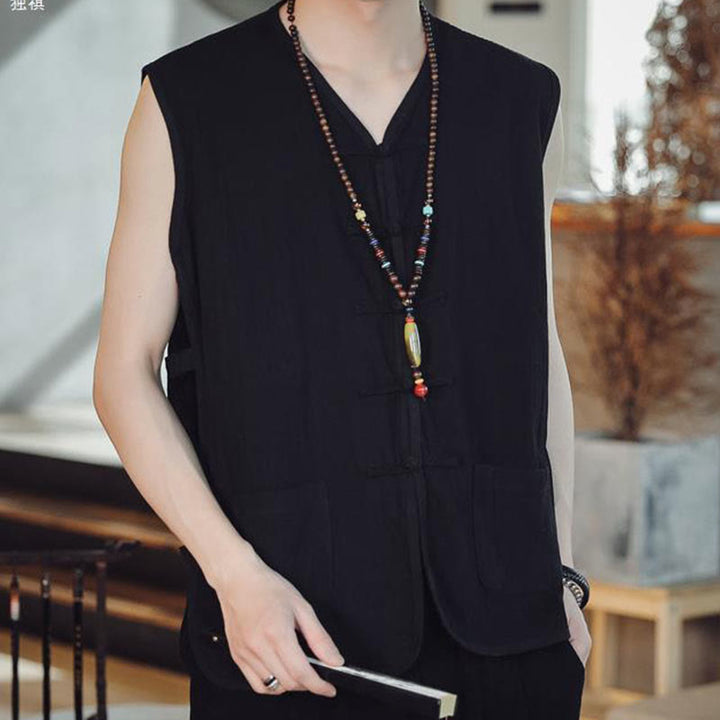 Buddha Stones Casual Chinese Frog-Button Men's Cotton Vest Waistcoat With Pockets  - image 12