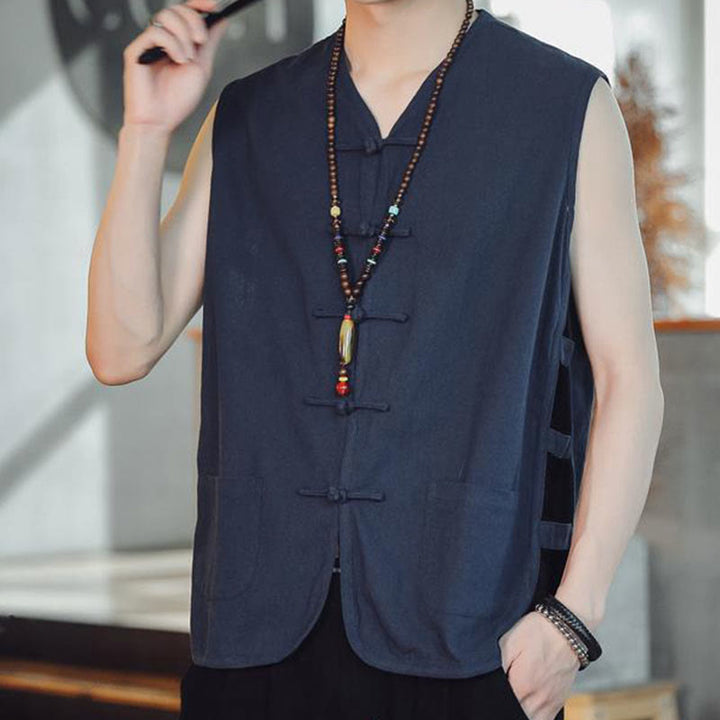 Buddha Stones Casual Chinese Frog-Button Men's Cotton Vest Waistcoat With Pockets  - image 1