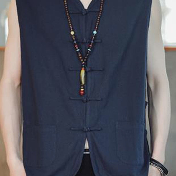 Buddha Stones Casual Chinese Frog-Button Men's Cotton Vest Waistcoat With Pockets  - image 7