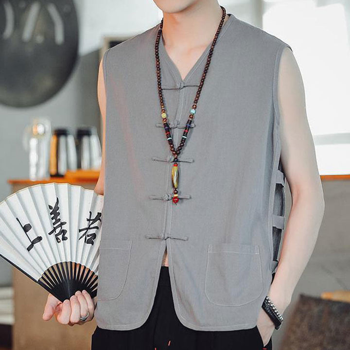 Buddha Stones Casual Chinese Frog-Button Men's Cotton Vest Waistcoat With Pockets  - image 20