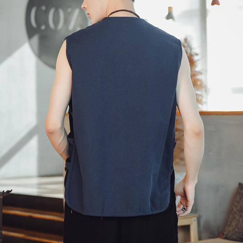 Buddha Stones Casual Chinese Frog-Button Men's Cotton Vest Waistcoat With Pockets  - image 5