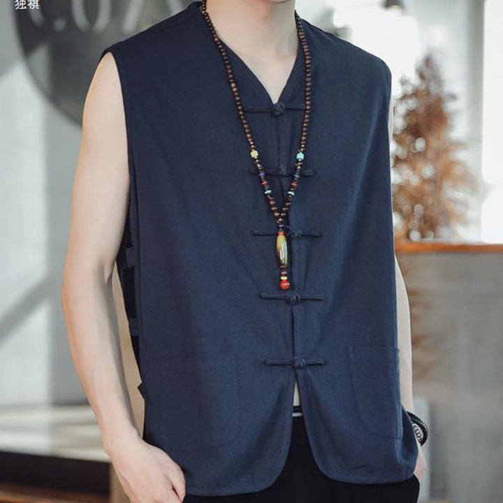 Buddha Stones Casual Chinese Frog-Button Men's Cotton Vest Waistcoat With Pockets  - image 6