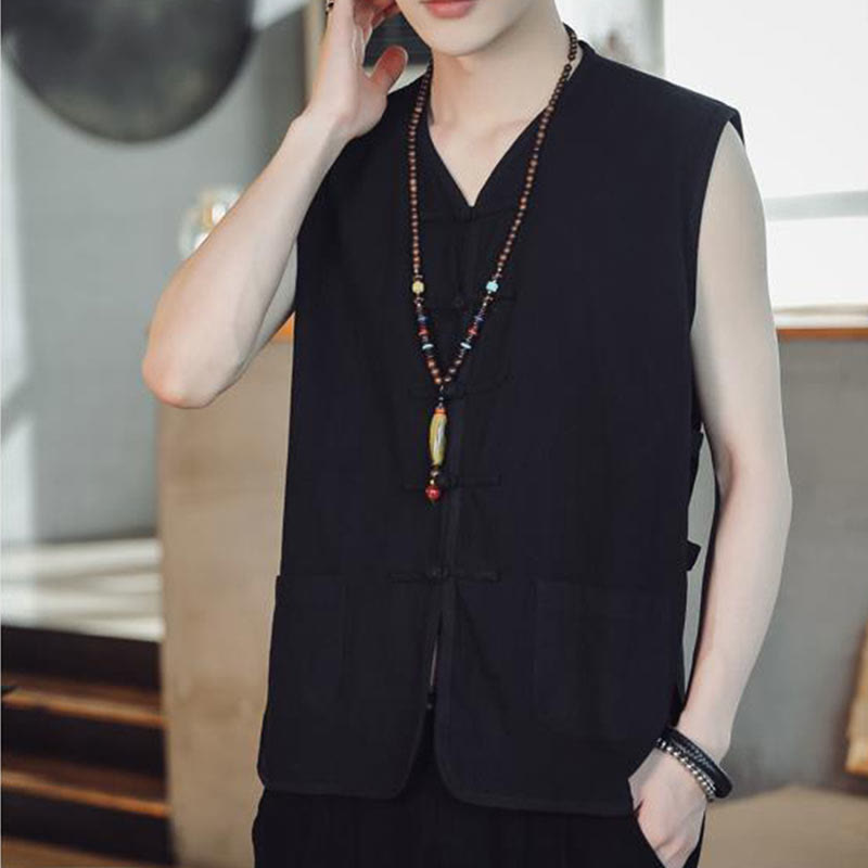 Buddha Stones Casual Chinese Frog-Button Men's Cotton Vest Waistcoat With Pockets  - image 9