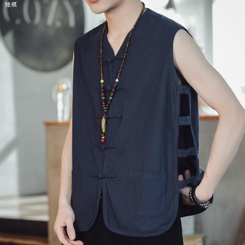 Buddha Stones Casual Chinese Frog-Button Men's Cotton Vest Waistcoat With Pockets  - image 3