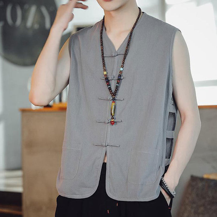 Buddha Stones Casual Chinese Frog-Button Men's Cotton Vest Waistcoat With Pockets  - Silver - US/UK/AU46，EU56 (5XL) - image 19