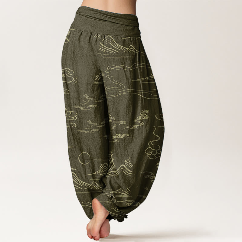Buddha Stones Pure Cotton Mountain Moon Auspicious Clouds Pattern Women's Elastic Waist Harem Pants - image 6
