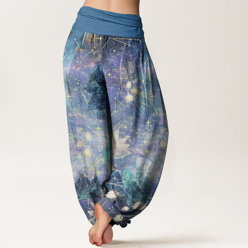 Buddha Stones Pure Cotton Koi Fish Lotus Moon Stars Pattern Women's Elastic Waist Harem Pants - image 1