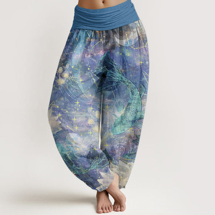 Buddha Stones Pure Cotton Koi Fish Lotus Moon Stars Pattern Women's Elastic Waist Harem Pants - LightSkyBlue - US22，UK/AU26，EU54 (6XL) - image 0