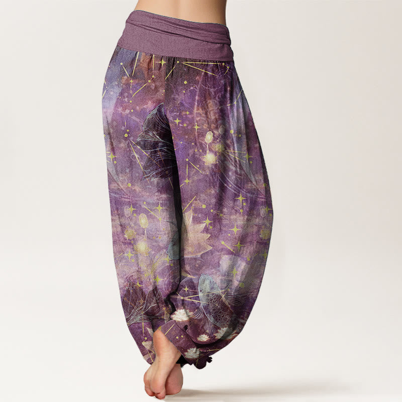 Buddha Stones Pure Cotton Koi Fish Lotus Moon Stars Pattern Women's Elastic Waist Harem Pants - image 6