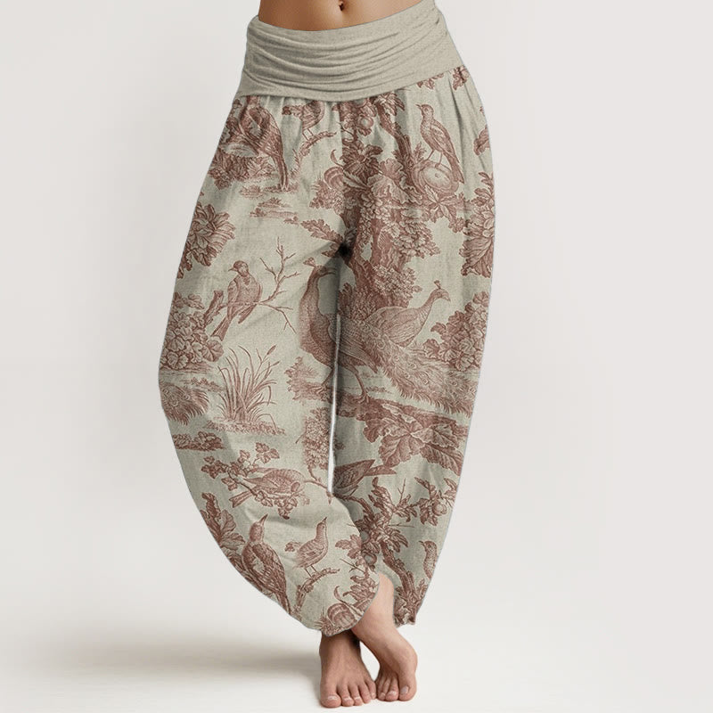 Buddha Stones Pure Cotton Birds Trees Branches Pattern Women's Elastic Waist Harem Pants - Beige - US22，UK/AU26，EU54 (6XL) - image 0