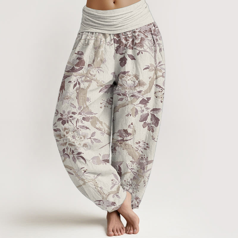 Buddha Stones Pure Cotton Birds Branches Flowers Pattern Women's Elastic Waist Harem Pants - AntiqueWhite - US22，UK/AU26，EU54 (6XL) - image 5