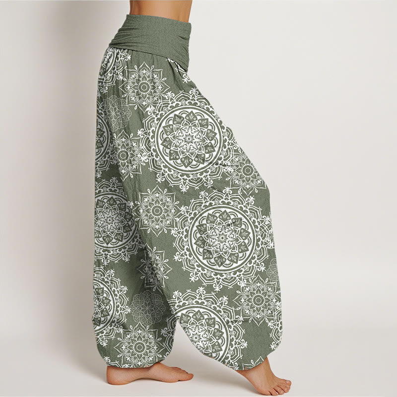 Buddha Stones Pure Cotton Casual White Mandala Flower Design Women's Elastic Waist Harem Pants - image 2
