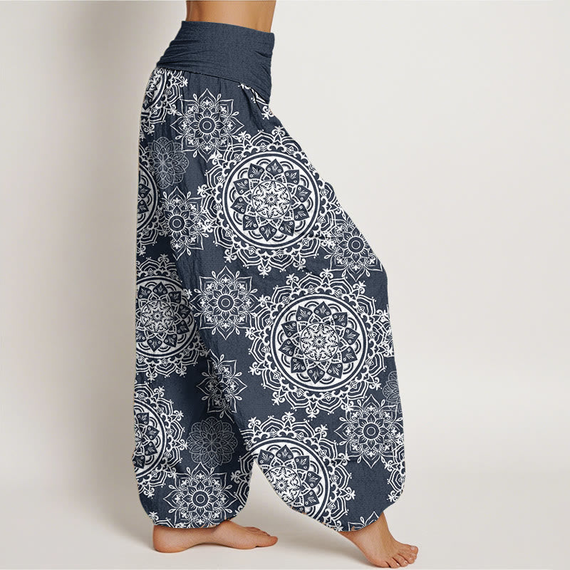 Buddha Stones Pure Cotton Casual White Mandala Flower Design Women's Elastic Waist Harem Pants - image 11