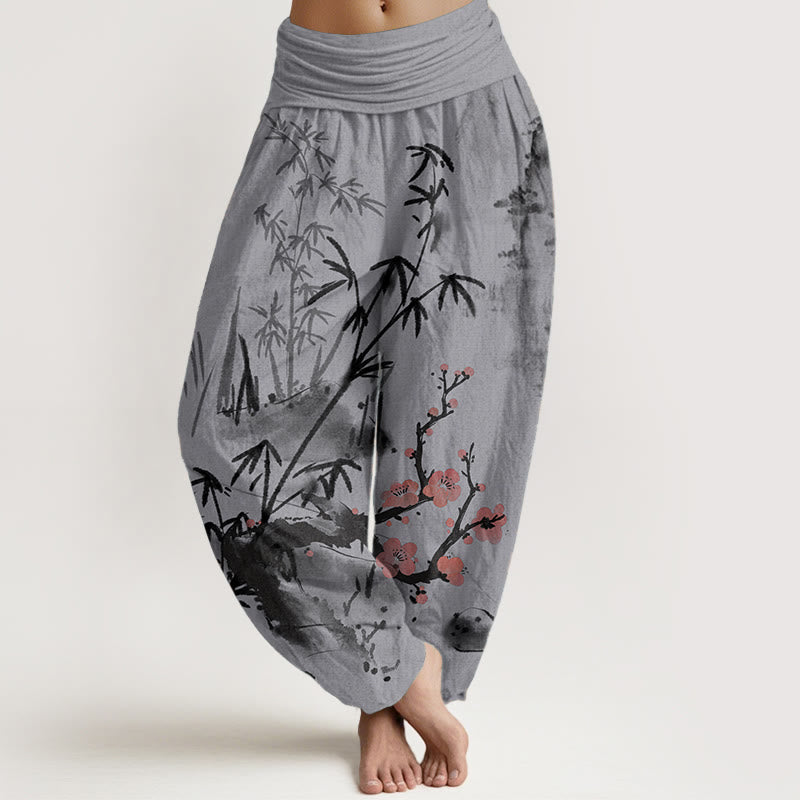Buddha Stones Pure Cotton Plum Blossoms Bamboo Orchids Chrysanthemums Pattern Women's Elastic Waist Harem Pants - Thistle - US22，UK/AU26，EU54 (6XL) - image 8