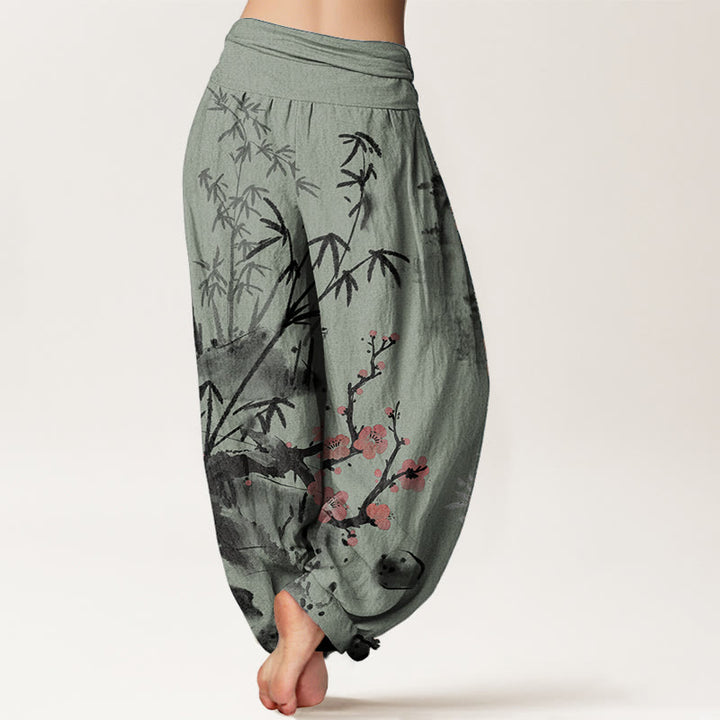 Buddha Stones Pure Cotton Plum Blossoms Bamboo Orchids Chrysanthemums Pattern Women's Elastic Waist Harem Pants - image 6