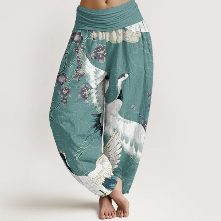 Buddha Stones Pure Cotton Cranes Flowers Auspicious Clouds Pattern Women's Elastic Waist Harem Pants - MediumTurquoise - US22，UK/AU26，EU54 (6XL) - image 8