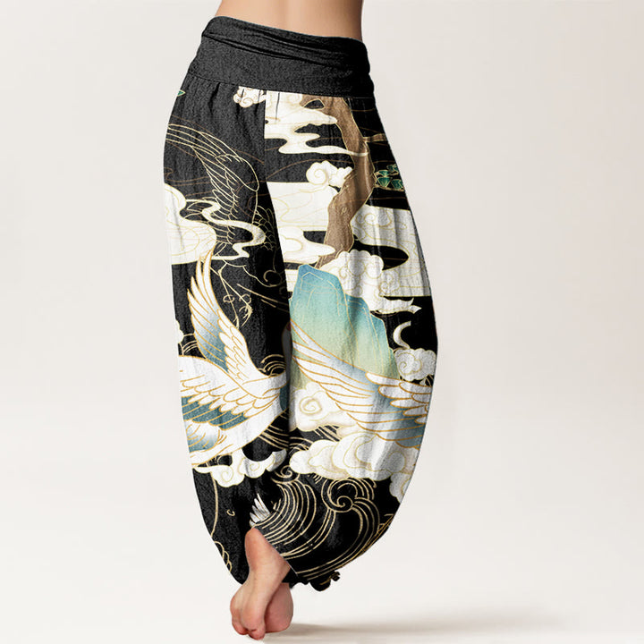 Buddha Stones Pure Cotton Flying Cranes Auspicious Clouds Tree women's Elastic Waist Harem Pants - image 1
