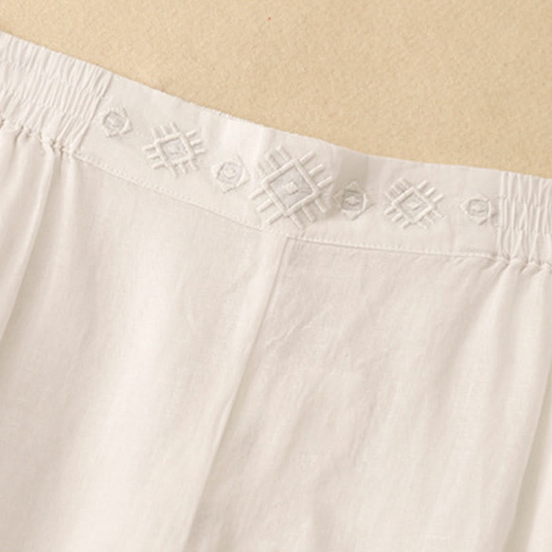 Buddha Stones Geometric Embroidery Elastic Waist Women's Cotton Linen Wide Leg Pants With Pockets - image 21