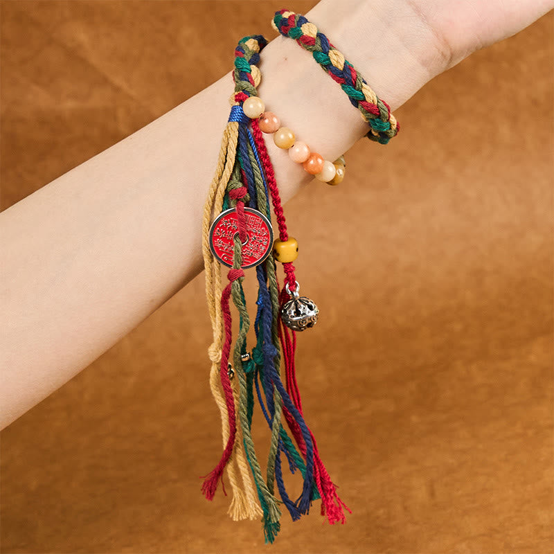 Buddha Stones Tibetan Mountain Ghosts Spend Money Colorful Chalcedony Double-Layer Colored Rope Tassel Positive Bracelet - image 4