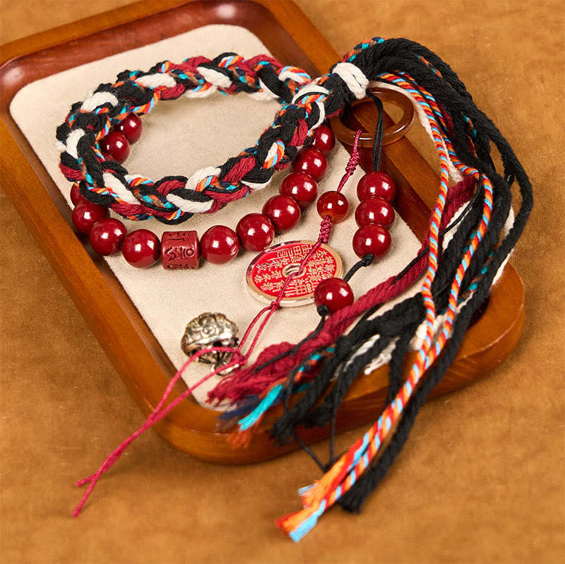 Buddha Stones Tibetan Mountain Ghosts Spend Money Cinnabar Double-Layer Red Rope Tassel Protection Bracelet - Colored Rope(Wrist Circumference: 14-26cm) - image 0