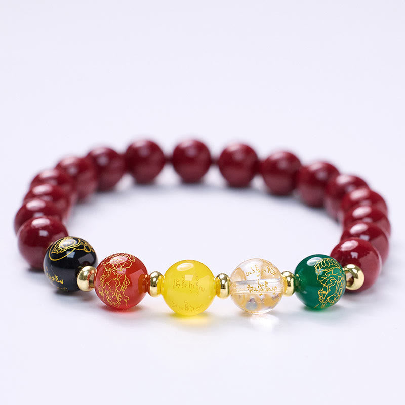 Buddha Stones Cinnabar Agate Five Directions Gods Of Wealth Blessing Bracelet - Cinnabar&Golden Beads-8mm(Wrist Circumference: 14-16cm) - image 2