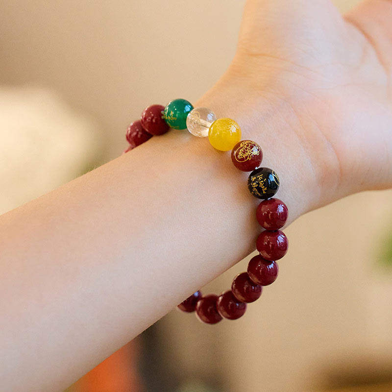 Buddha Stones Cinnabar Agate Five Directions Gods Of Wealth Blessing Bracelet - image 1
