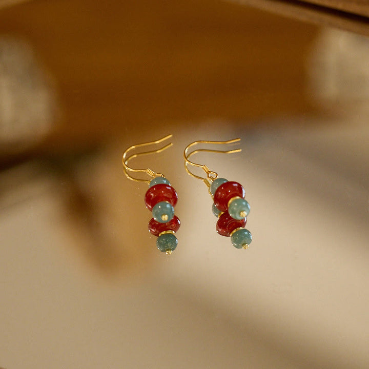 Buddha Stones Jade Red Agate 925 Sterling Silver Luck Earrings - image 1
