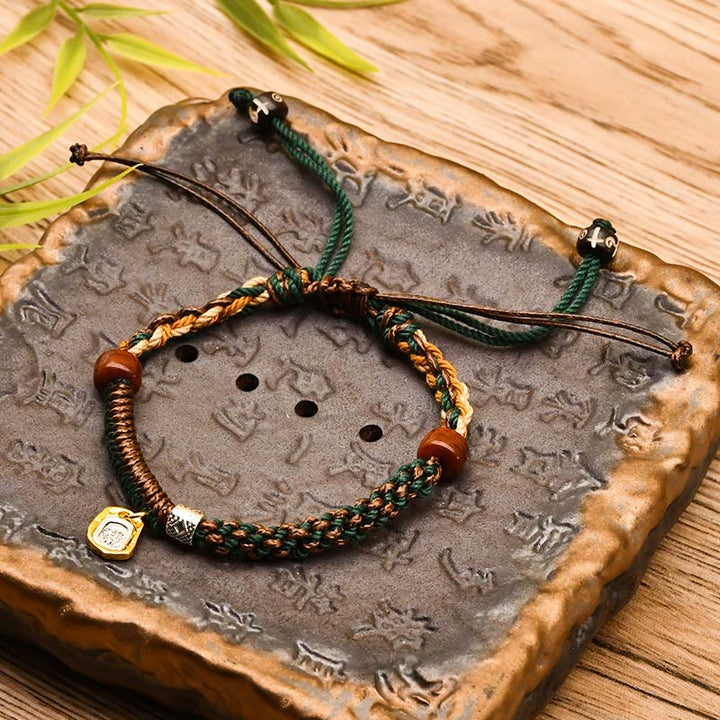 Buddha Stones Handmade Tibetan Zakiram Goddess Of Wealth Wood Protection Braided Bracelet - Green Rope(Wrist Circumference: 15-17cm) - image 2