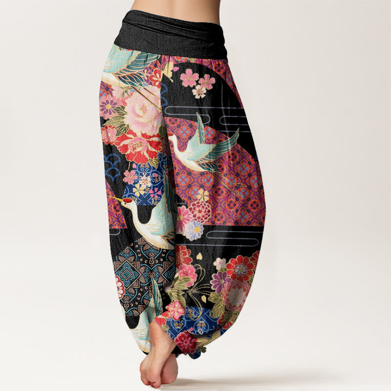 Buddha Stones Crane Flower Pattern Women's Elastic Waist Harem Pants - image 1