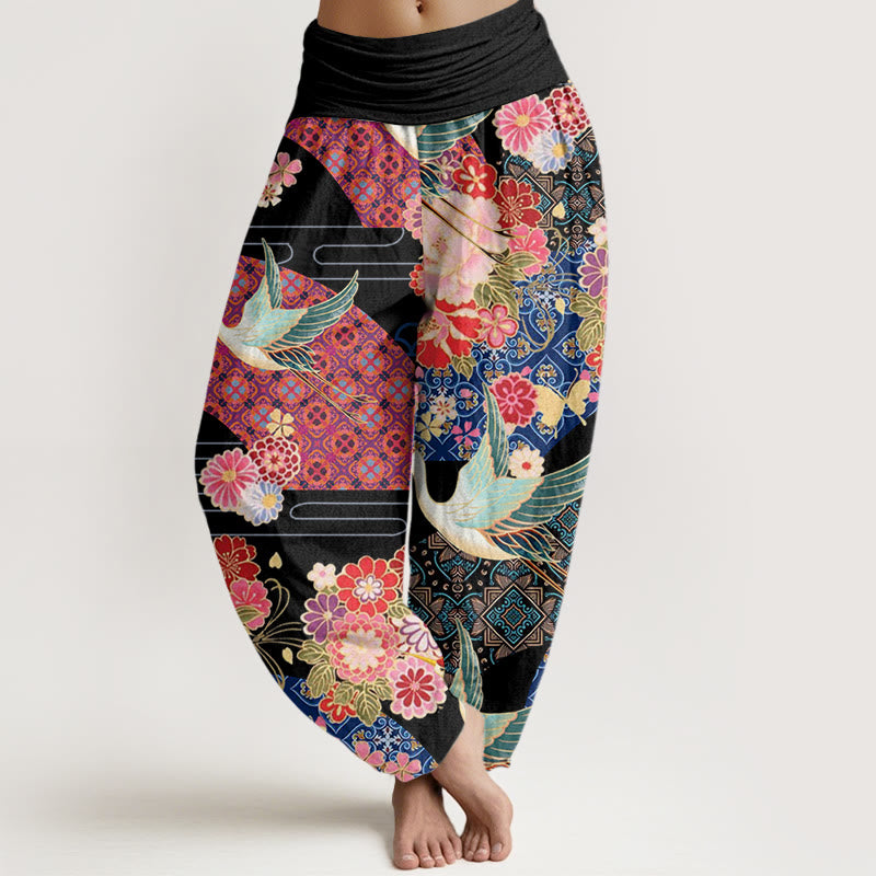 Buddha Stones Crane Flower Pattern Women's Elastic Waist Harem Pants - Black - US22，UK/AU26，EU54 (6XL) - image 0