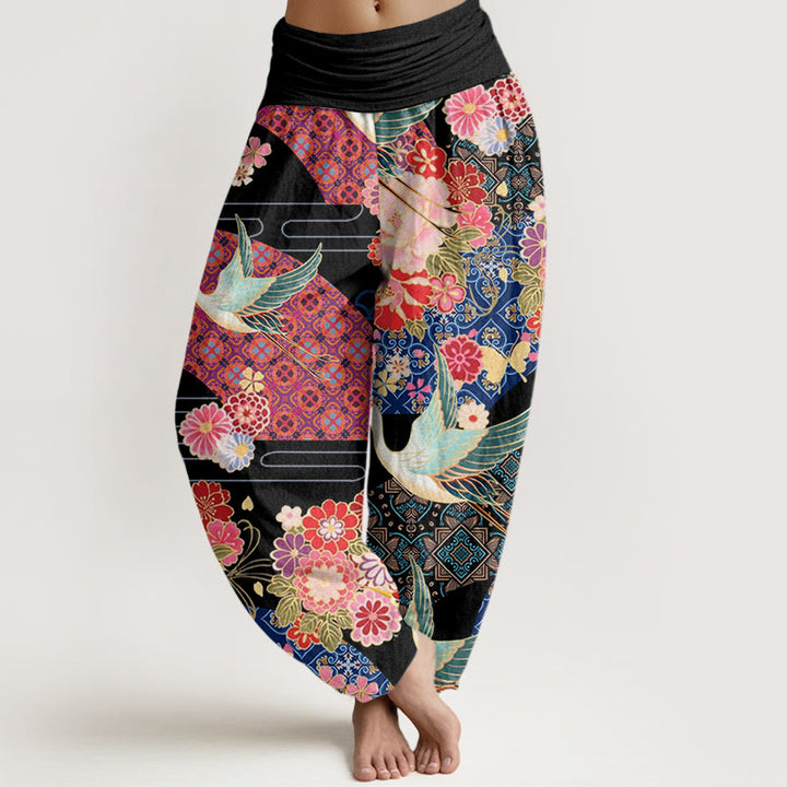 Buddha Stones Crane Flower Pattern Women's Elastic Waist Harem Pants - Black - US22，UK/AU26，EU54 (6XL) - image 0