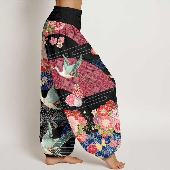 Buddha Stones Crane Flower Pattern Women's Elastic Waist Harem Pants - image 2