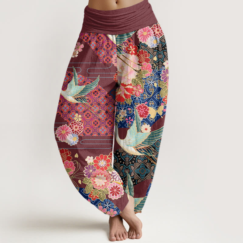 Buddha Stones Crane Flower Pattern Women's Elastic Waist Harem Pants - Brown - US22，UK/AU26，EU54 (6XL) - image 4