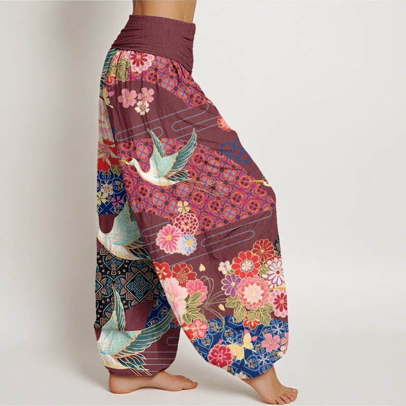 Buddha Stones Crane Flower Pattern Women's Elastic Waist Harem Pants - image 6