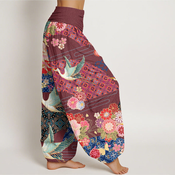 Buddha Stones Crane Flower Pattern Women's Elastic Waist Harem Pants - image 6